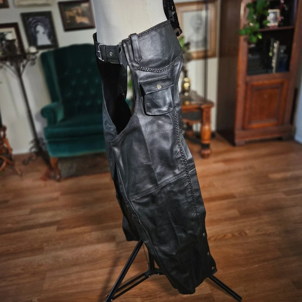 Vintage 70s Genuine Leather Moto Chaps Black Biker Riding Western Road Gear‎